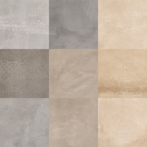 Grid of six square tiles in gray and beige tones