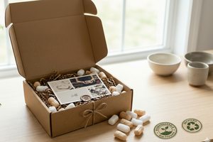Open cardboard box with cork pieces and photos on a wooden surface, with 'Recycled' stamp visible.