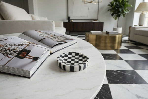 A black and white checkered ceramic dish on a white marble round coffee table next to an open magazine, set in a modern living room with a black and white checkered floor.