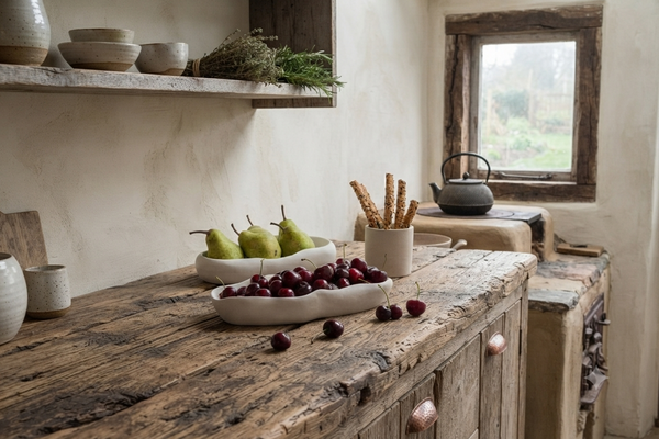 A rustic wooden kitchen counter in a farmhouse-style room, styled with a bowl of green pears, a dish of red cherries, a cup of breadsticks, and a dark metal teapot near a window.