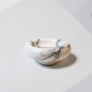 Noir Blanc marble pedestal dish with handcrafted cement pedestal leg by Lunarie