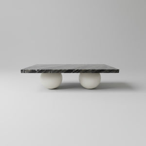 Noir Blanc marble pedestal tray with handcrafted cement legs, available in white or black marble, by Lunarie.