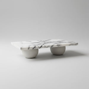 Noir Blanc marble pedestal tray with handcrafted cement legs, available in white or black marble, by Lunarie.