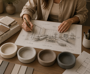 Person working on interior design plans with architectural drawings and materials samples.