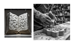 Left: Intricate book with embossed design, Right: Person working with a mold on a wooden surface.