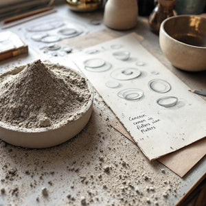 Cement powder in a bowl on a table with architectural drawings and notes.
