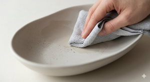Person cleaning a concrete bowl with a gray cloth on a light background