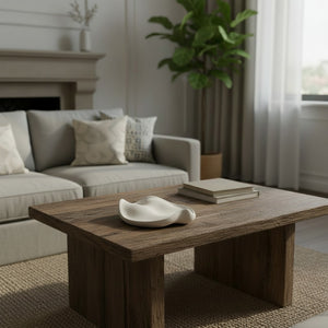 A rustic rectangular wooden coffee table in a styled living room, featuring a white cement dish and a stack of books on top, with a light gray sofa and a potted plant in the background.