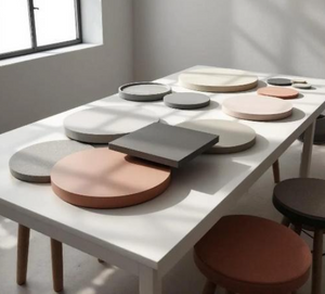 Colorful round coasters on a white table with stools in a bright room.