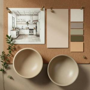 Two beige bowls on a surface with a cork board in the background displaying kitchen images and color swatches.