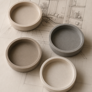 Four round concrete bowls in different colors on a surface with a blurred background.