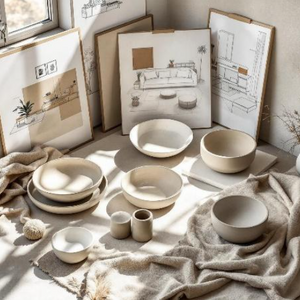 Set of concrete bowls and plates on a surface with architectural drawings in the background