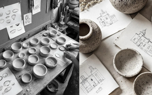 Concrete bowls on a workbench with clay models and sketches in a workshop.