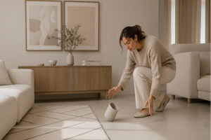 Woman in a beige sweater and pants crouching next to a small white concrete vessle on a light-colored floor.