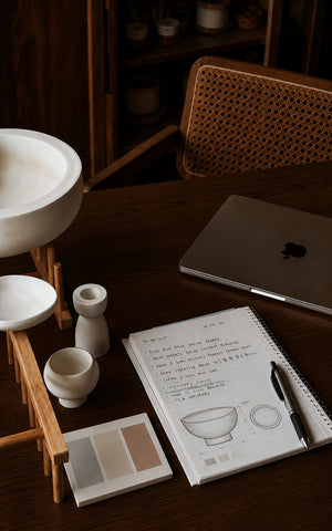 Notebook with drawings on a wooden table next to a laptop and ceramic items.