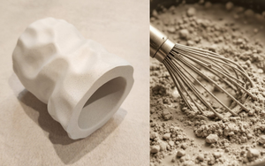 alba lunarie cave vessel  and whisk in a bowl of lunarie special formula cement .