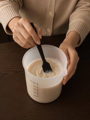Person stirring a container of creamy substance with a spoon on a wooden surface