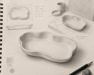 Pencil sketches of a matte  nest centerpiece concrete dish on a drawing pad with measurements and notes.