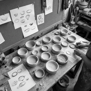 Workshop setting with concrete bowls on a table and sketches on the wall.